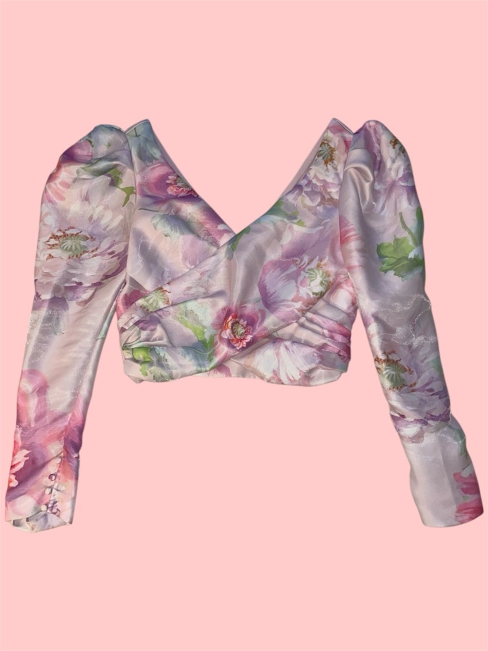 Flor Et.Al “Porsepine” Floral Pink Women's Cropped‎ Puff Sleeve Blouse